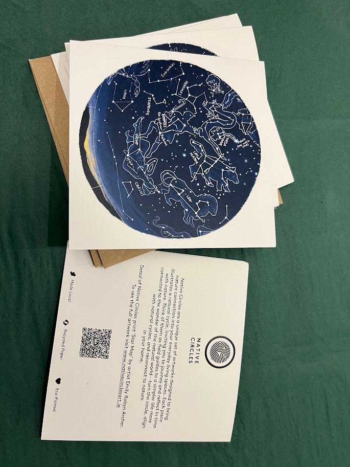 Card with star constellation design with background go the night sky. Images from Native Circles Star Map